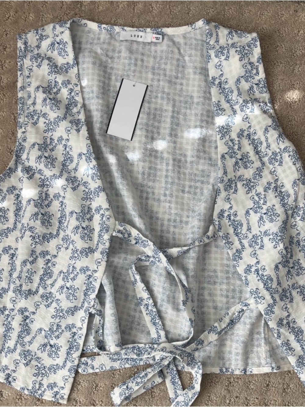 Lush White and Light Blue Floral Tie-Front Vest